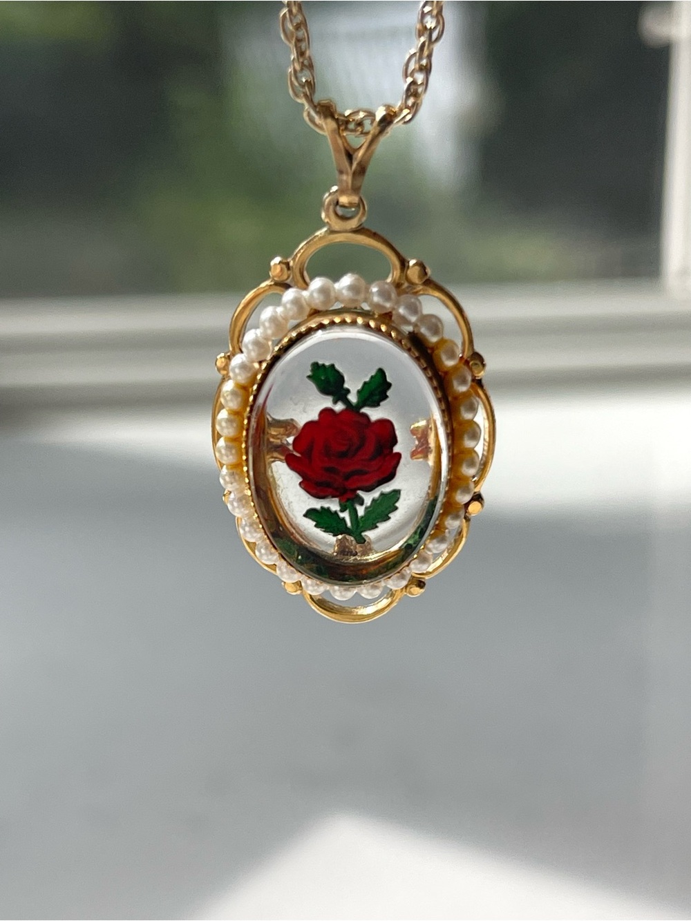 Vintage NS Tasaki Guilloché Enamel Rose Pendant Necklace